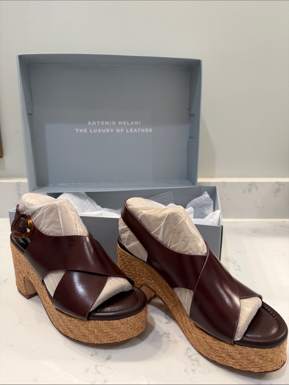 ANTONIO MELANI Brown Leather Platform Sandals with Cork Heel